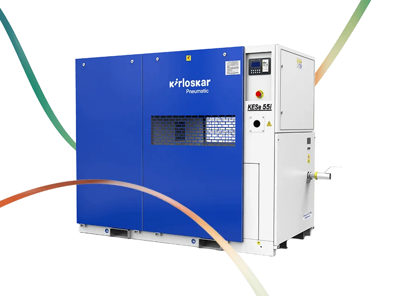 Kirloskar Pneumatic ARiA screw compressor KEsc 55i with advanced controller featuring intuitive mobile connectivity, pressure monitoring, and energy-efficient operation for industrial compressed air solutions